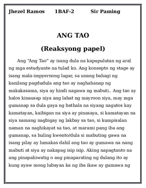 maikling halimbawa ng reaksyong papel